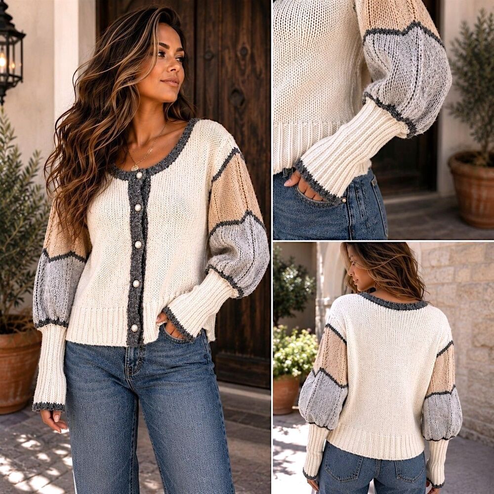 Venus Coquette XL Pearl Button Sweater Cardigan Balloon Sleeve Cream Romantic